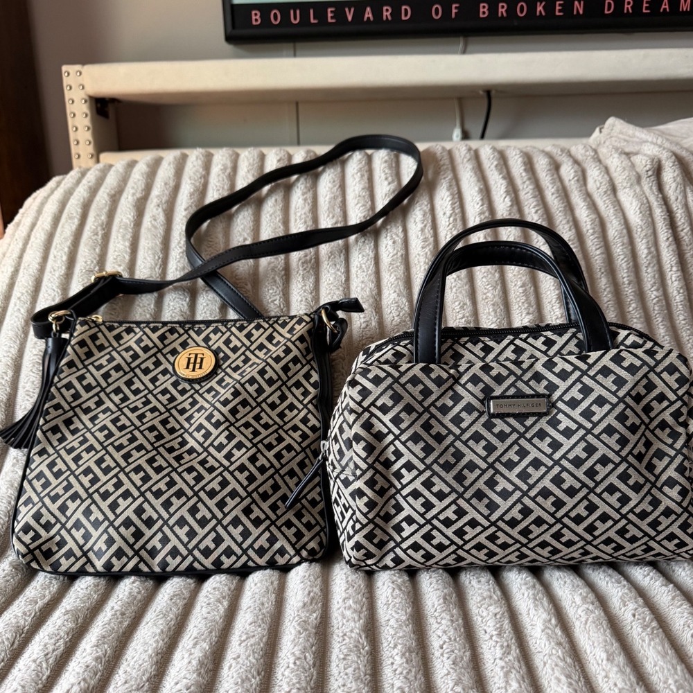 Tommy Hilfiger Monogram Handbag Bundle Crossbody and Mini Satchel‎ Black Cream